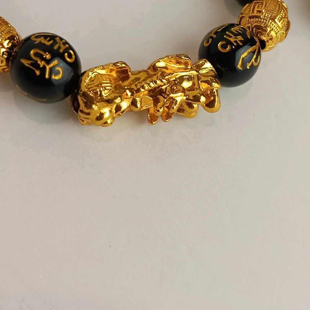 Feng Shui Pixiu Good Luck Chinese Dragon Unisex Obsidia Gold & Black Beads Set